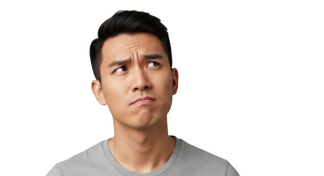 Young asian man with dark hair wearing a grey t-shirt looking up with a skeptical, confused, or thoughtful expression against a black background