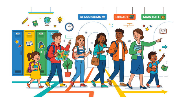Back to School Adventure: A vibrant illustration depicts a diverse group of students and a teacher navigating school hallways, guided by directional signs for classrooms, library, and main hall.