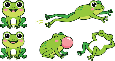 Fototapeta premium Cute Cartoon Frog Vector Character Set Featuring Green Toads in Various Poses Including Jumping Sitting Blowing Bubble Gum and Relaxing on Back