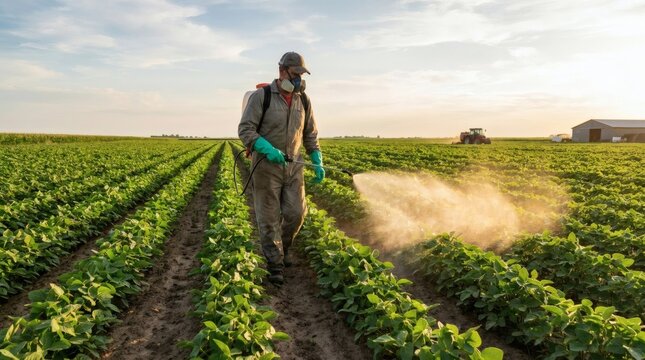 Farmer spraying pesticides on soybean crops at sunset, protecting growth with backpack sprayer and protective gear in a rural agricultural field.