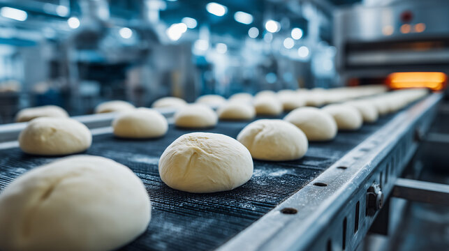Industrial bakery production line with fresh dough ball on conveyor belt in modern food manufacturing facility and automated baking process