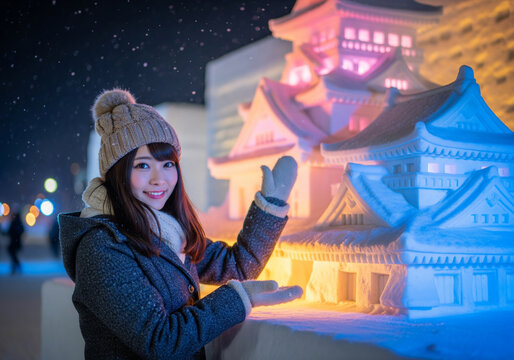 幻想的にライトアップされたお城の雪像を前にいる笑顔の女性（雪まつり）