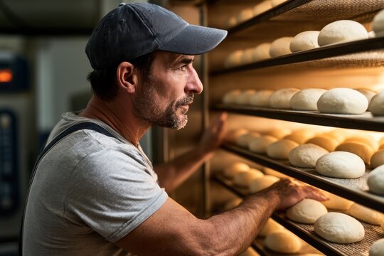 Baker checking dough in proofing cabinet at commercial bakery