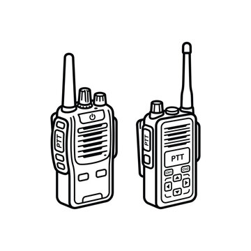 Two handheld two-way radio walkie talkie devices with antennas and ptt buttons, black line