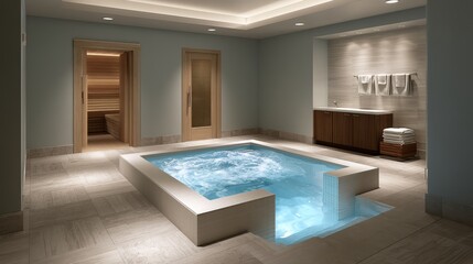 Fototapeta premium Modern spa recovery room with cold plunge pool and sauna