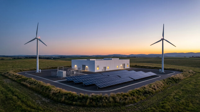 Elevated view of modern data center campus with wind turbines solar array and substation at dusk in rural countryside