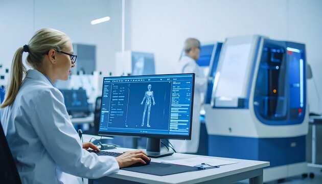 Female scientist analyzing data on computer screens in laboratory.