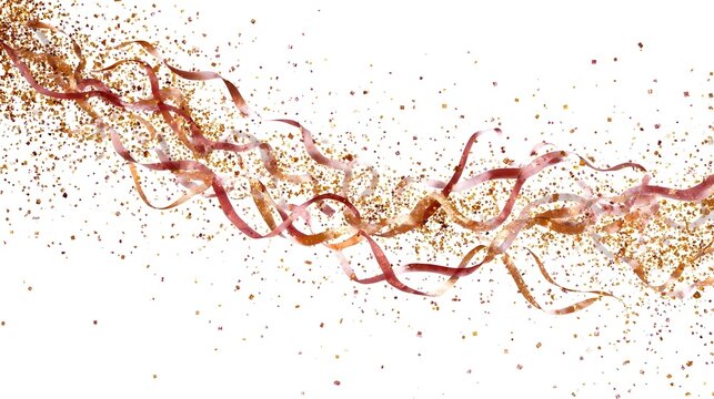 Gold and red metallic ribbon confetti explode on white background background, radial streamer gold burst efect for celebration, party, New Year, wedding, and festive design overlays 