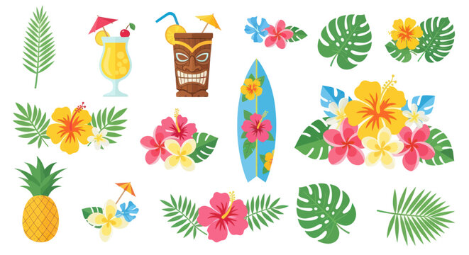 Tropical Summer Vacation Elements: Tiki, Cocktails, Surfboard, Pineapple, Flowers, Leaves
