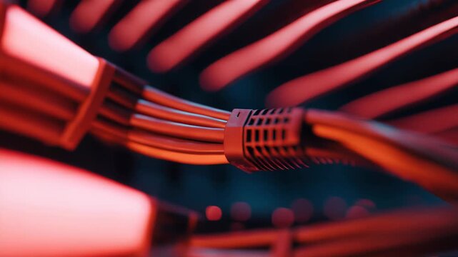 Server rack cables carrying information flow through an interconnected digital network, illustrating the complex infrastructure behind modern technology and abstract data transfer
