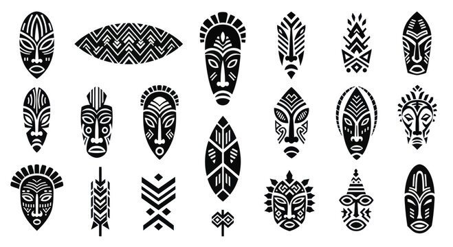 Collection of African tribal masks and ethnic patterns in black and white.