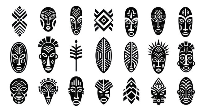 Collection of African Tribal Masks and Symbols.