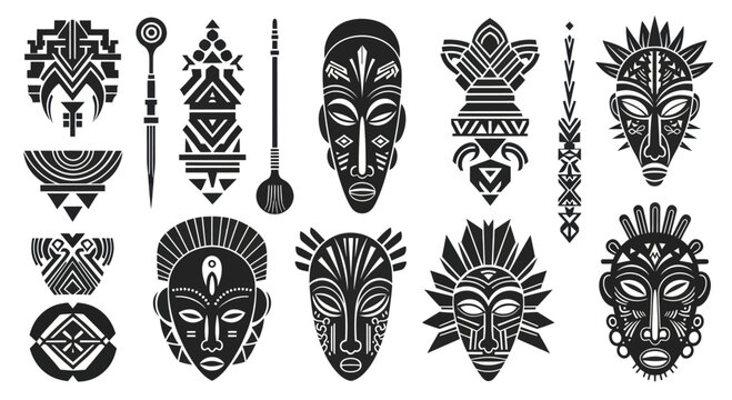 Collection of African Tribal Masks and Symbols.