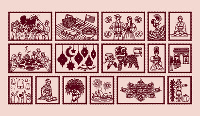 Cultural tradition festival stamp set, hand drawn minimal line art doodle set, premium modern monoline vector illustration, clean design isolated on white background, folk heritage and celebration gra © Geetaroy