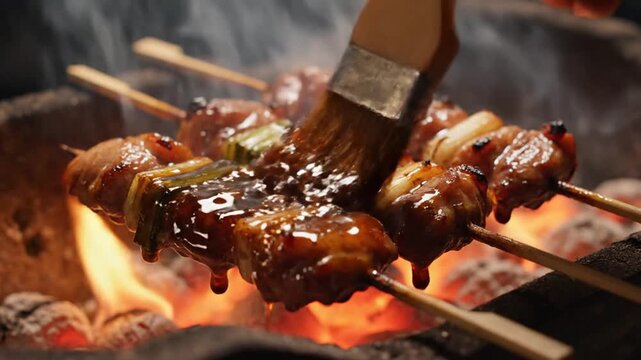 A brush applies glaze to grilled meat skewers over a fire pit outdoors.