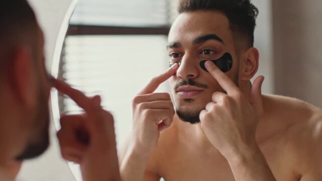 A man with dark skin is standing in front of a bathroom mirror. He is applying a skincare product under his eyes as part of his morning routine. The lighting is bright and warm.