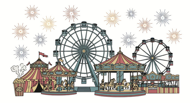 Amusement park with vintage carousel and Ferris wheel.