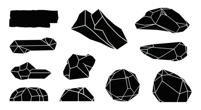 Collection of black geometric crystal shapes isolated on white background.