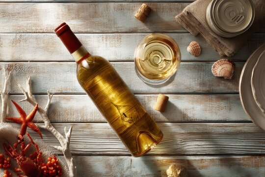 White wine bottle with a glass on a rustic wooden table by the sea. Seafood dining theme with shells and starfish. Summer vacation atmosphere and mediterranean gourmet food drink concept.