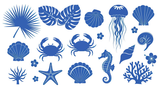 Collection of Blue Marine Life and Tropical Leaves.