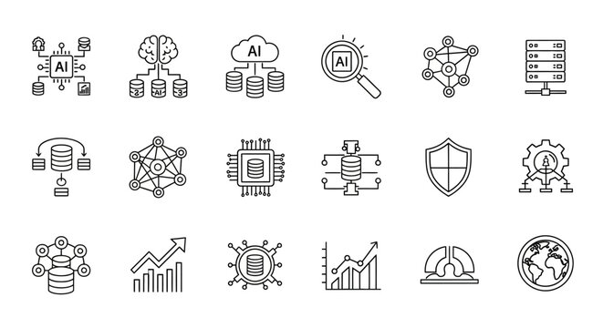 Artificial intelligence and machine learning data icon collection