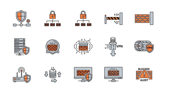 Cybersecurity and network firewall protection icon set