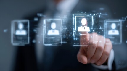 Fototapeta premium HR manager selecting virtual candidate profile for digital recruitment hiring. Smart AI technology system screening human talent. Future hr management data for professional job career.