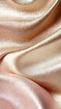 Smooth satin fabric in shades of light pink and beige is shown in four sections. The soft material shines under the light, highlighting its flow and folds