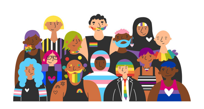 Group of diverse lgbt characters celebrating pride together. People with rainbow elements and lgbt flags. Queer and gay community, visibility, self-expression and inclusive identity.