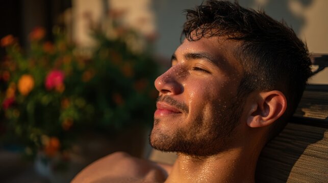 Handsome young man sunbathing and relaxing outdoors. Latin guy feeling refreshed with water droplets on skin in summer light. Concept of leisure, skincare, wellness and summer holiday.