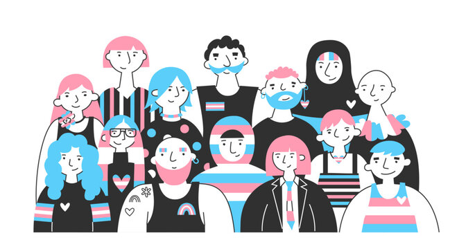 Group of diverse transgender people together. Concept of celebrating trans pride. Queer community, visibility, self-expression and inclusive identity.
