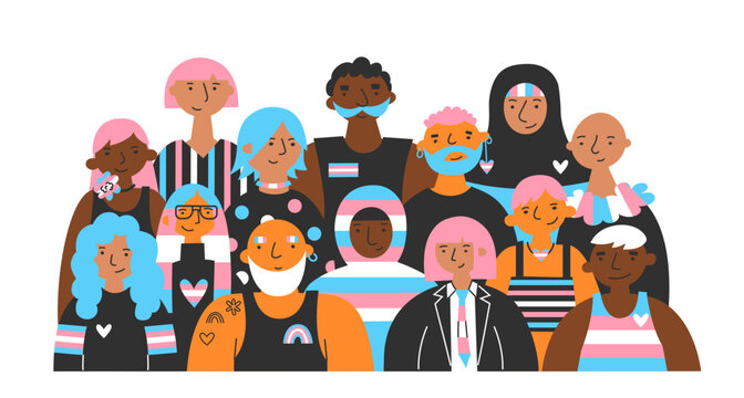Group of diverse transgender people together. Concept of celebrating trans pride. Queer community, lgbt visibility, self-expression and inclusive society.
