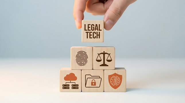 Legal Tech Concept: Fingerprint, Scales, Cloud, Folder, Brain Icons on Wooden Blocks