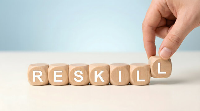 Hand placing last cube to spell RESKILL, concept of learning and adaptation