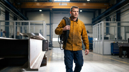 Fototapeta premium Environmental wide shot of industrial specialist walking through facility center, carrying heavy coil of black welding cables over shoulder past rows of architectural metal structures.