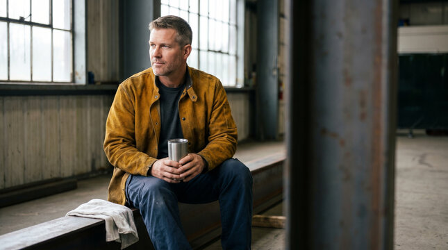 Cinematic wide shot of craftsman sitting on low steel girder beam, holding metal thermos cup with bare hands, looking calmly through large industrial window during lunch break.