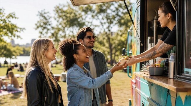 Friends Enjoying Food Truck Meal in Sunny Park