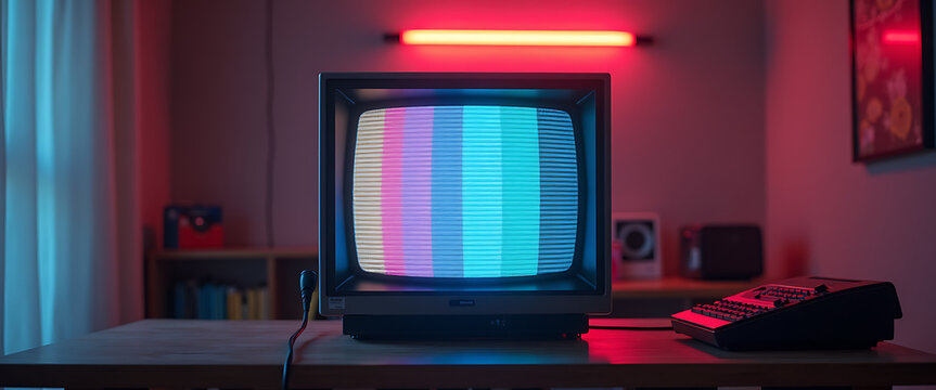 Old television screen showing colorful static test pattern with neon red lighting.