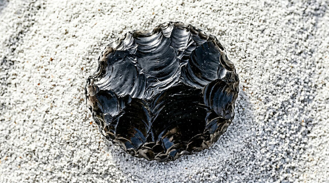 Knapped Black Obsidian Volcanic Glass Stone Tool Core on White Gravel Surface Top View