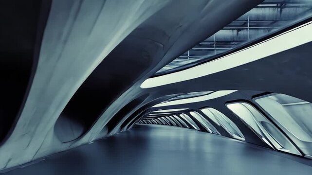 Modern architecture showcasing a futuristic interior tunnel with organic curved lines, reflecting a high tech and innovative design in a gray and blue monochrome palette