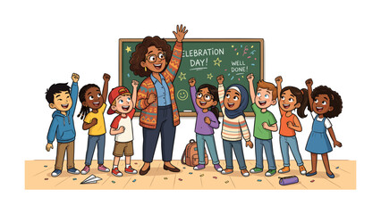 Classroom Celebration: A cheerful teacher stands with her diverse group of elementary students, all with hands raised in excitement in a classroom setting, celebrating achievement. © Nusaybah