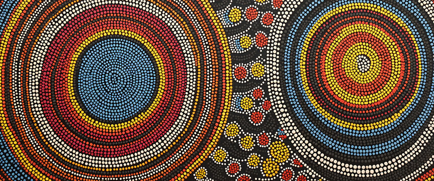 Colorful aboriginal dot painting art with circular motifs and vibrant indigenous patterns.