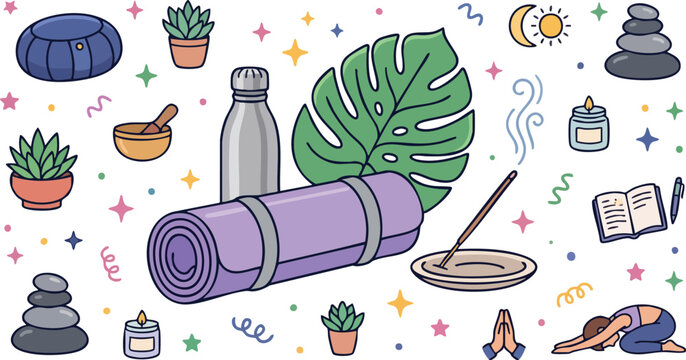 Zen Yoga and Meditation Wellness Objects Flat Vector Set