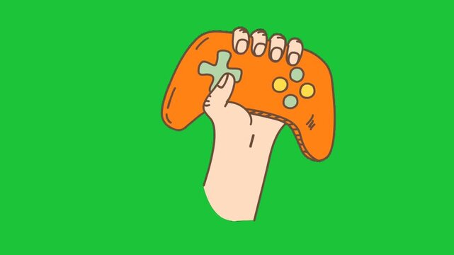 Animated hand holding game controller motion graphic isolated on green screen background for video game design element