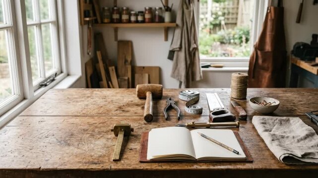 Workshop tabletop with practical copy space, craft and DIY mockup for tool branding, handmade product campaigns and maker lifestyle visuals, inspired by Empty table with product space in artisan