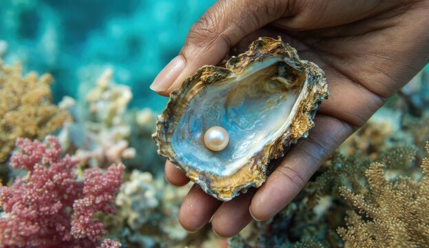 Open oyster shell revealing a lustrous pearl nestled inside, with contrasting textured exterior and smooth interior surface