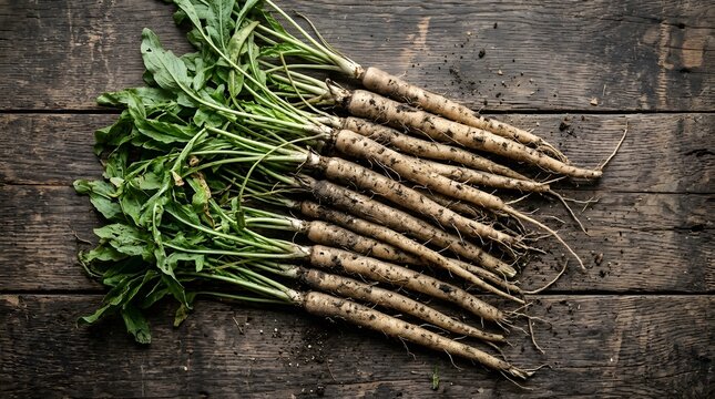Freshly harvested dandelion roots with green leaves on rustic wooden table