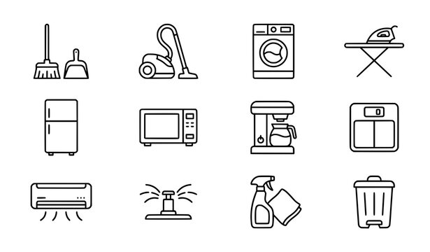 Household line icon collection with broom fridge and home appliance vector symbols