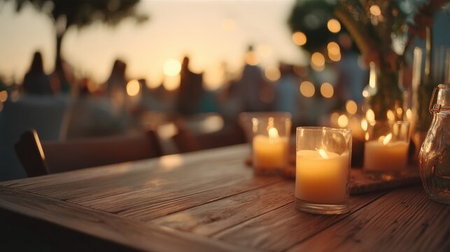 Burning candle on a wooden table at an outdoor event. Romantic dinner setup with evening sunset lighting. Social gathering with blurred people in the background, festive celebration atmosphere.