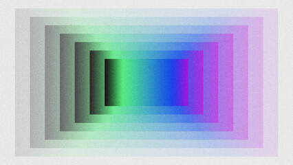 Naklejka premium Abstract perspective tunnel made of nested gradient rectangles, featuring grainy texture, neon green-blue-purple hues, and rhythmic geometric layers for modern design backgrounds.